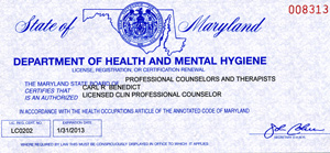 Carl Benedict's current counselor license in the State of Maryland